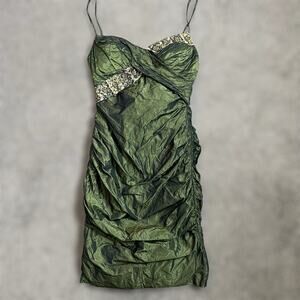 Nicole Bakti Cocktail Dress XS Green Taffeta Beaded Sequin Party Evening Mini